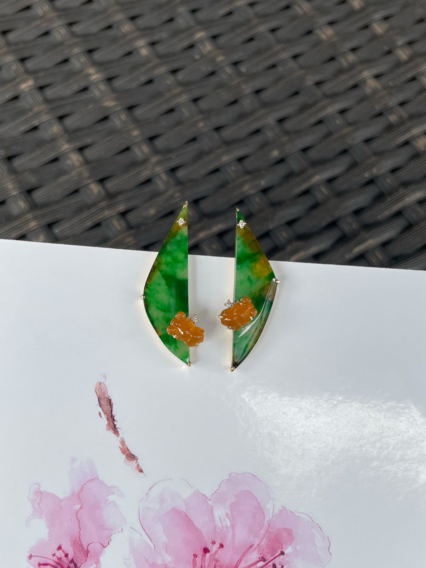 Green With Yellow Jade Earrings - Goldfish (NJE285)