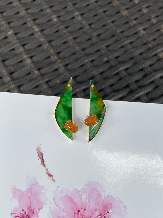 Green With Yellow Jade Earrings - Goldfish (NJE285)