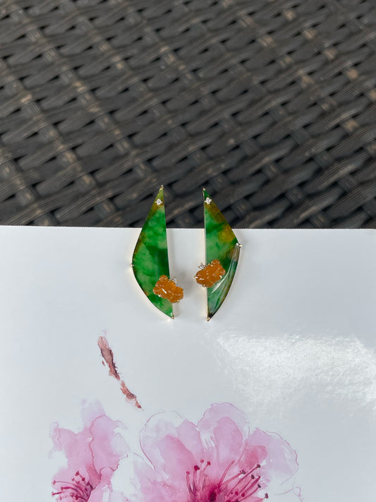 Green With Yellow Jade Earrings - Goldfish (NJE285)