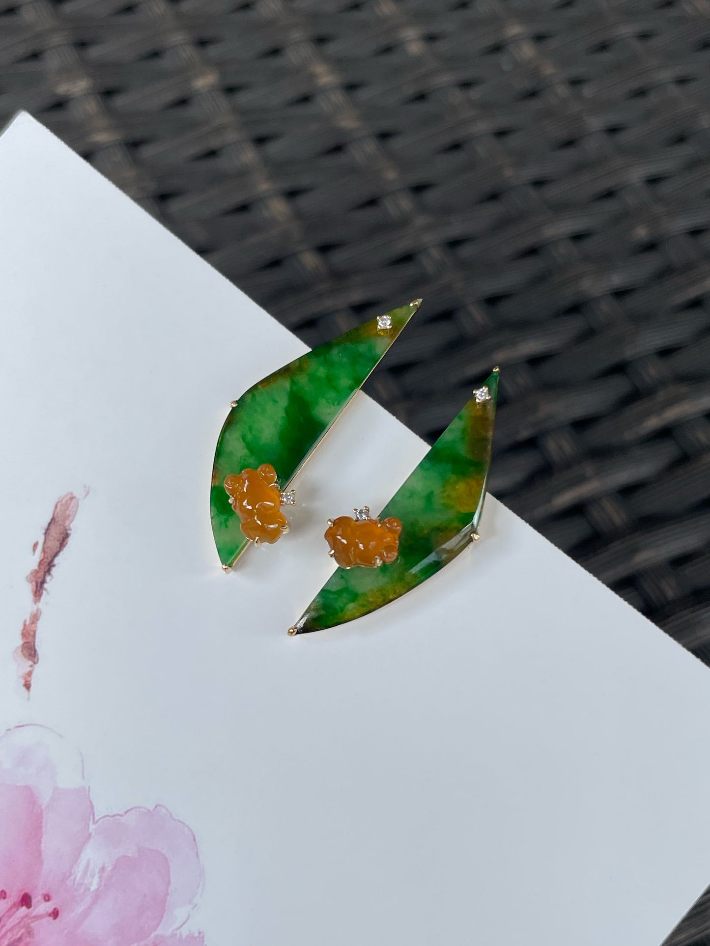Green With Yellow Jade Earrings - Goldfish (NJE285)