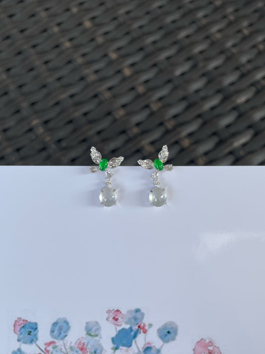 Glassy White With Green Jadeite Earrings (NJE289)