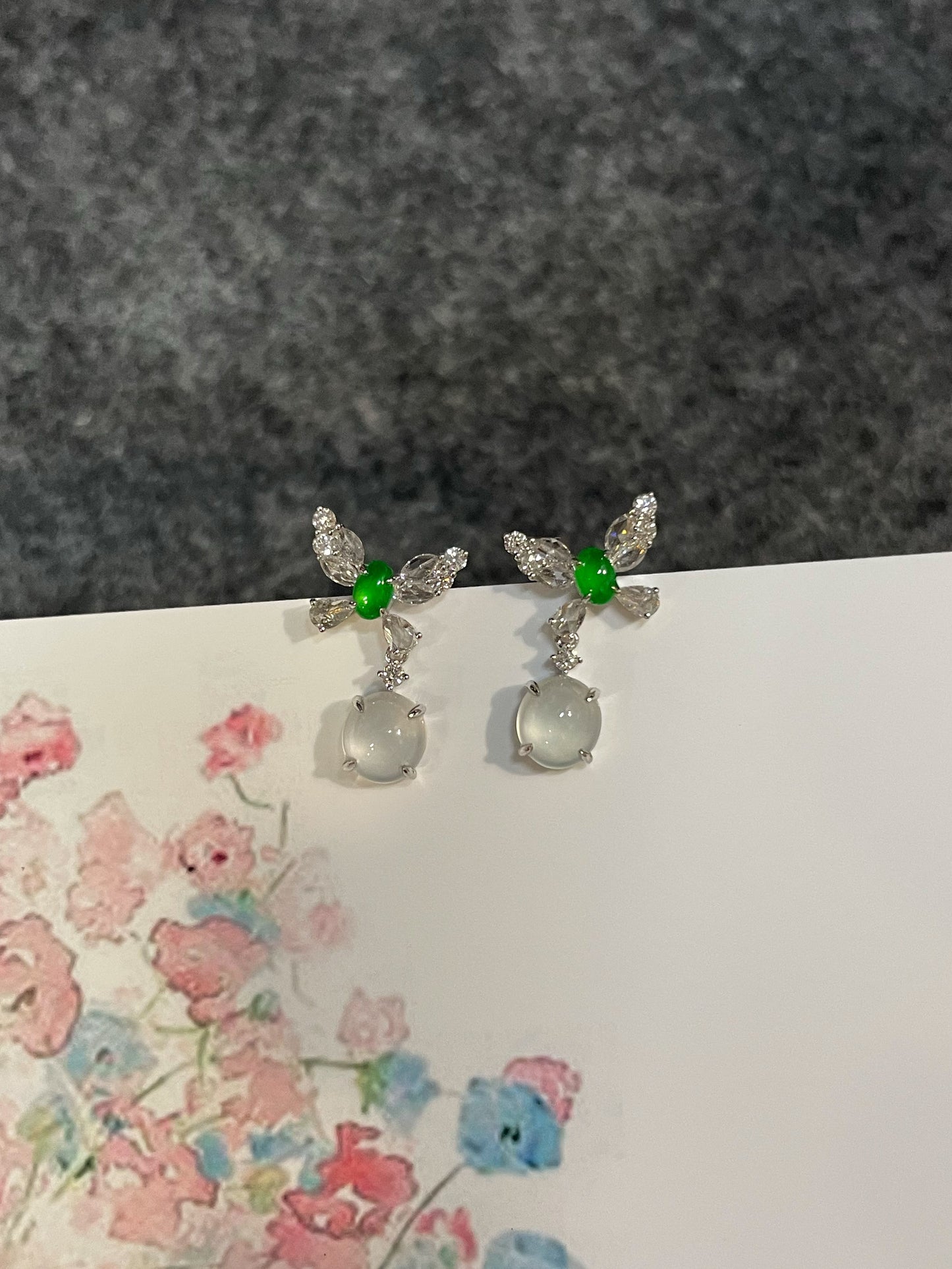 Glassy White With Green Jadeite Earrings (NJE289)