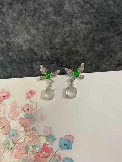 Glassy White With Green Jadeite Earrings (NJE289)