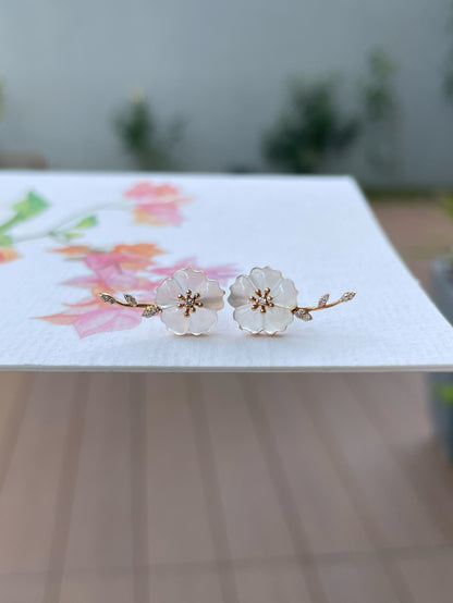 Icy Carved Jade Earrings - Plum Blossoms (NJE292)