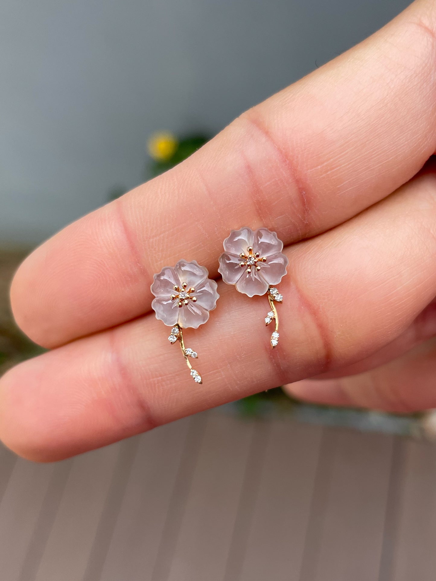Icy Carved Jade Earrings - Plum Blossoms (NJE292)