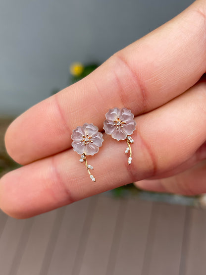 Icy Carved Jade Earrings - Plum Blossoms (NJE292)