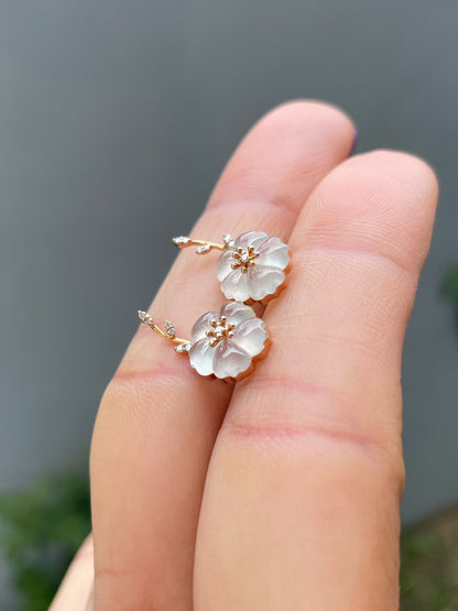 Icy Carved Jade Earrings - Plum Blossoms (NJE292)