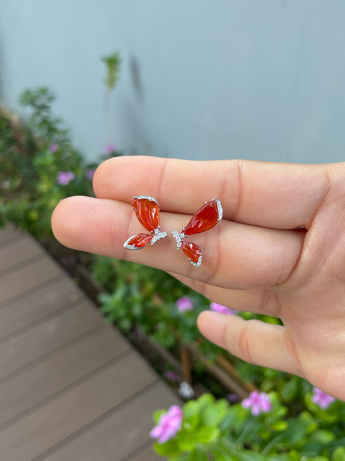 Orangy Red Jade Earrings - Butterfly (NJE293)