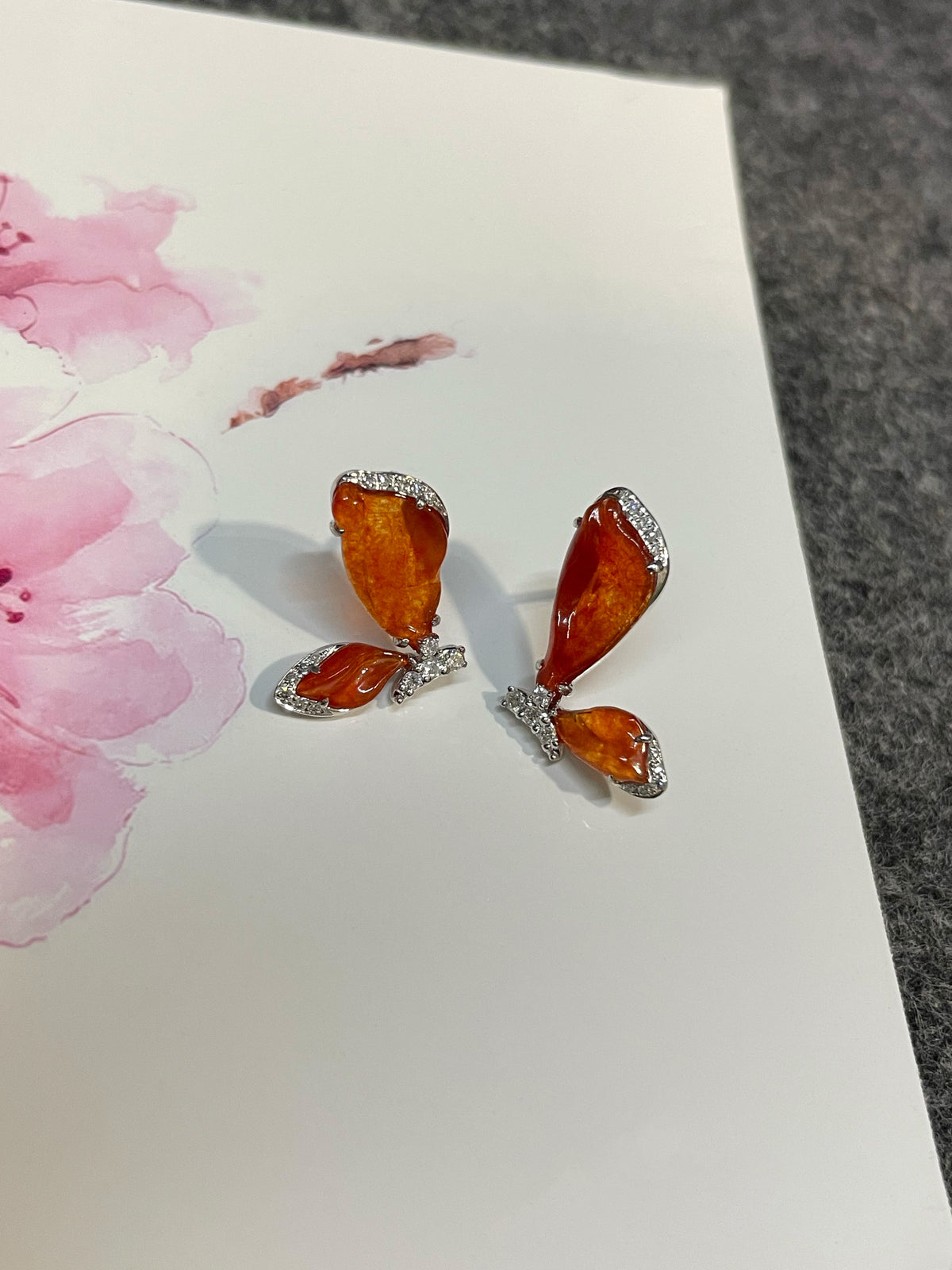 Orangy Red Jade Earrings - Butterfly (NJE293)