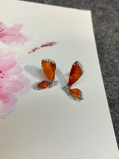 Orangy Red Jade Earrings - Butterfly (NJE293)