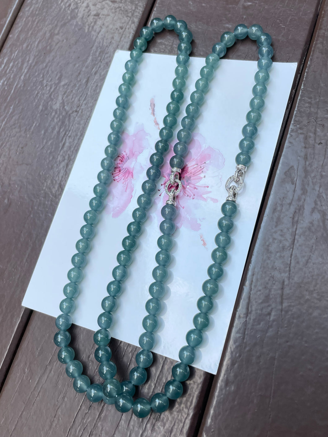 Icy Greenish Blue Jade Beads Necklace (NJN022)