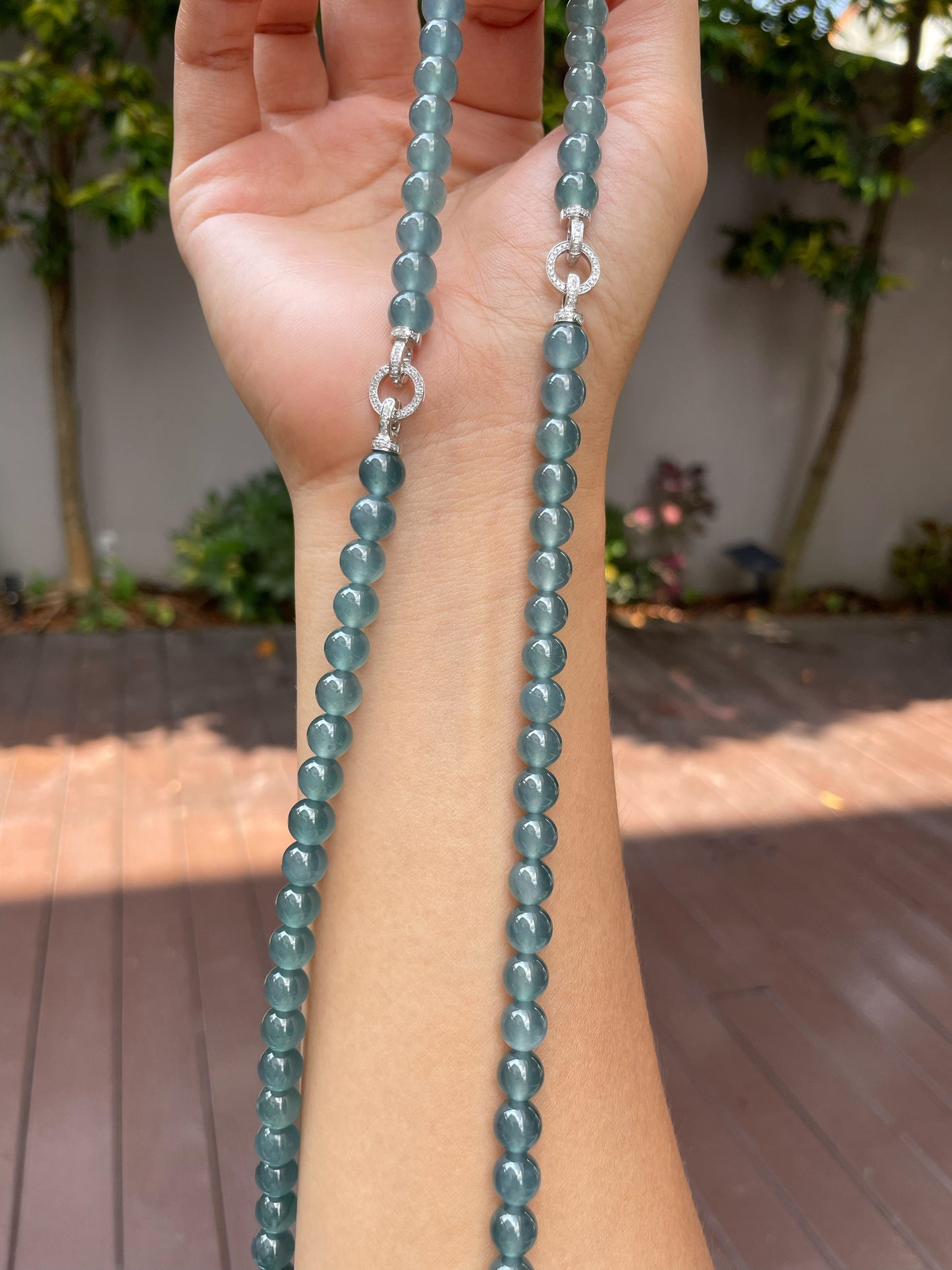 Icy Greenish Blue Jade Beads Necklace (NJN022)