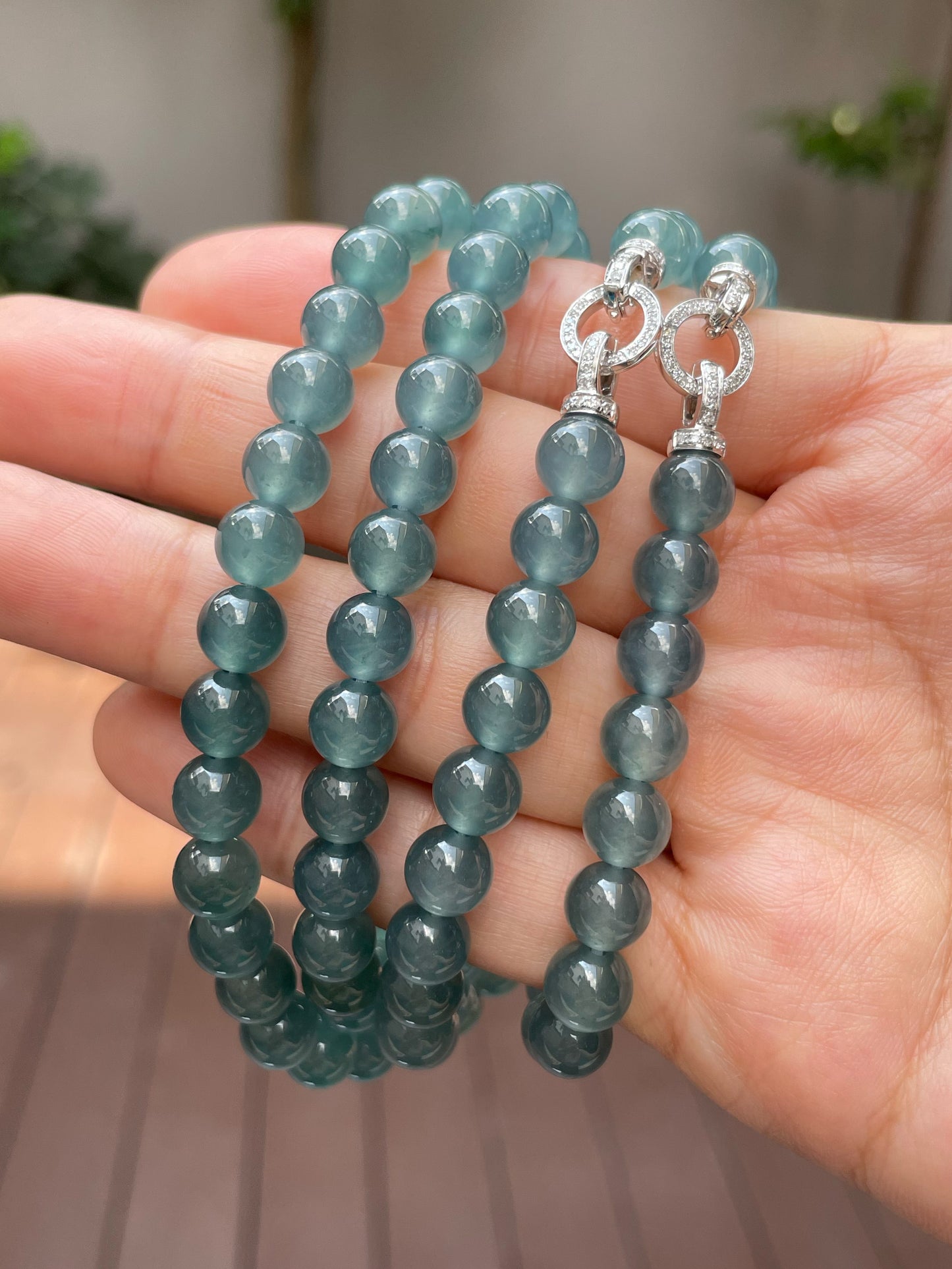 Icy Greenish Blue Jade Beads Necklace (NJN022)