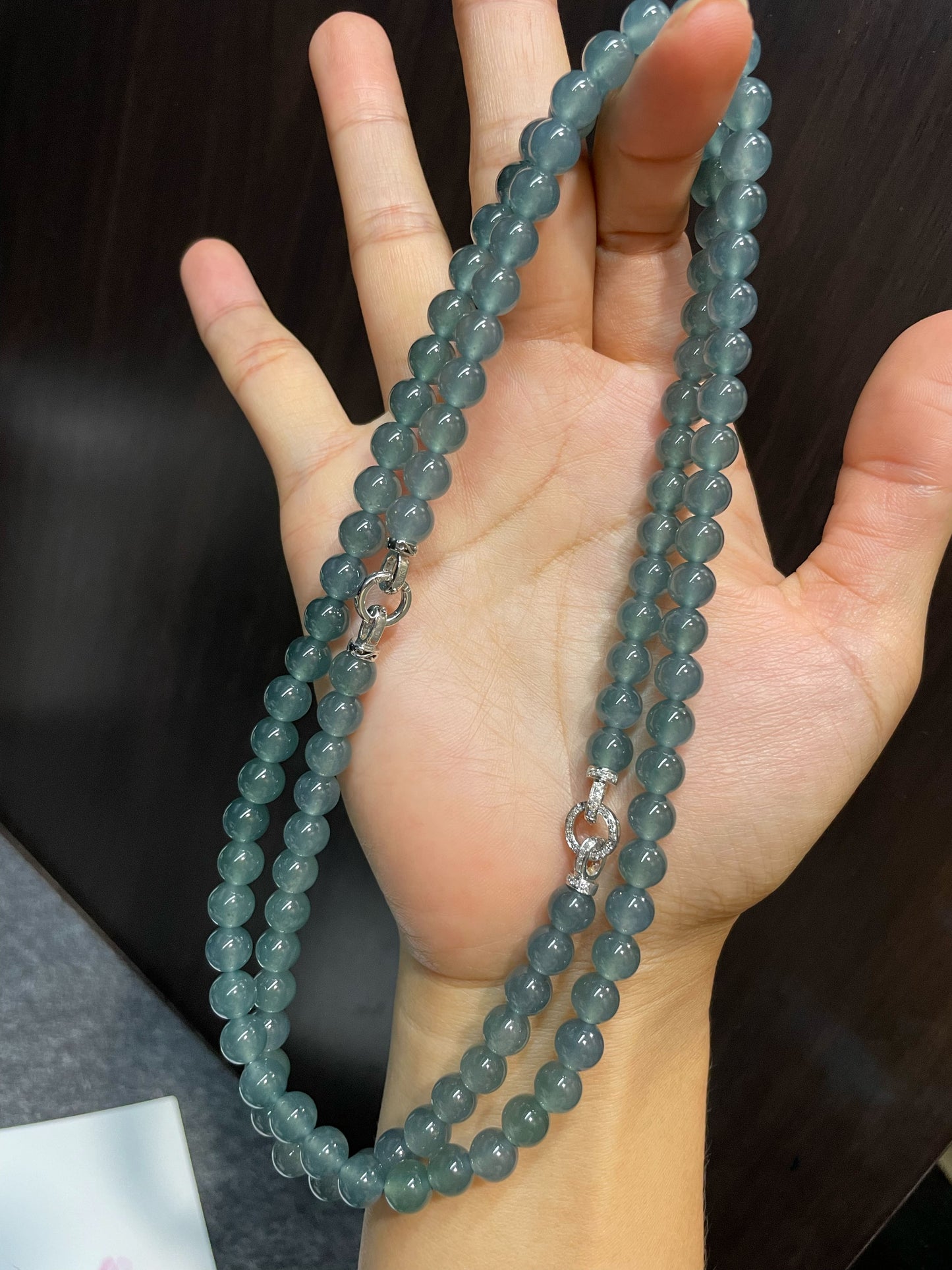 Icy Greenish Blue Jade Beads Necklace (NJN022)