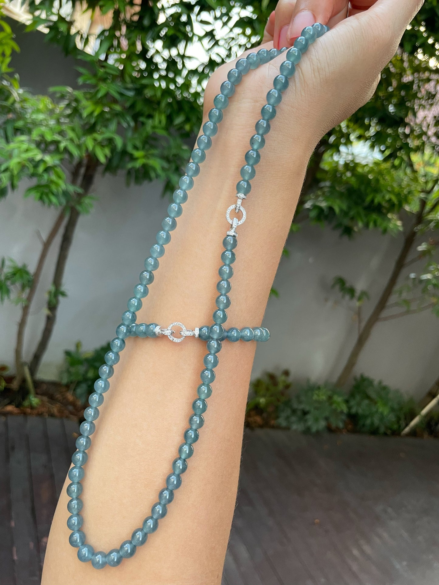 Icy Greenish Blue Jade Beads Necklace (NJN024)