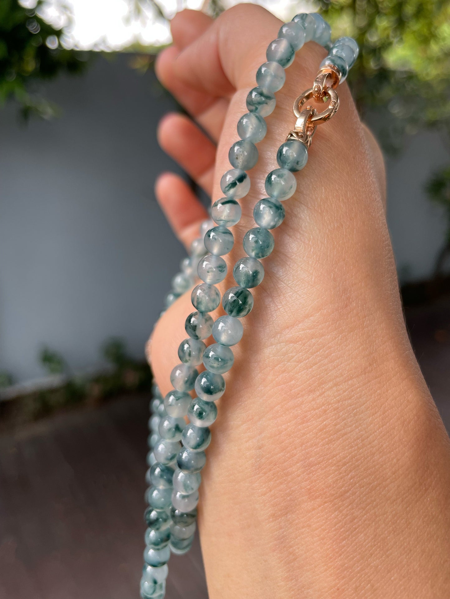 Icy Bluish Flower Jade Beads Necklace (NJN028)
