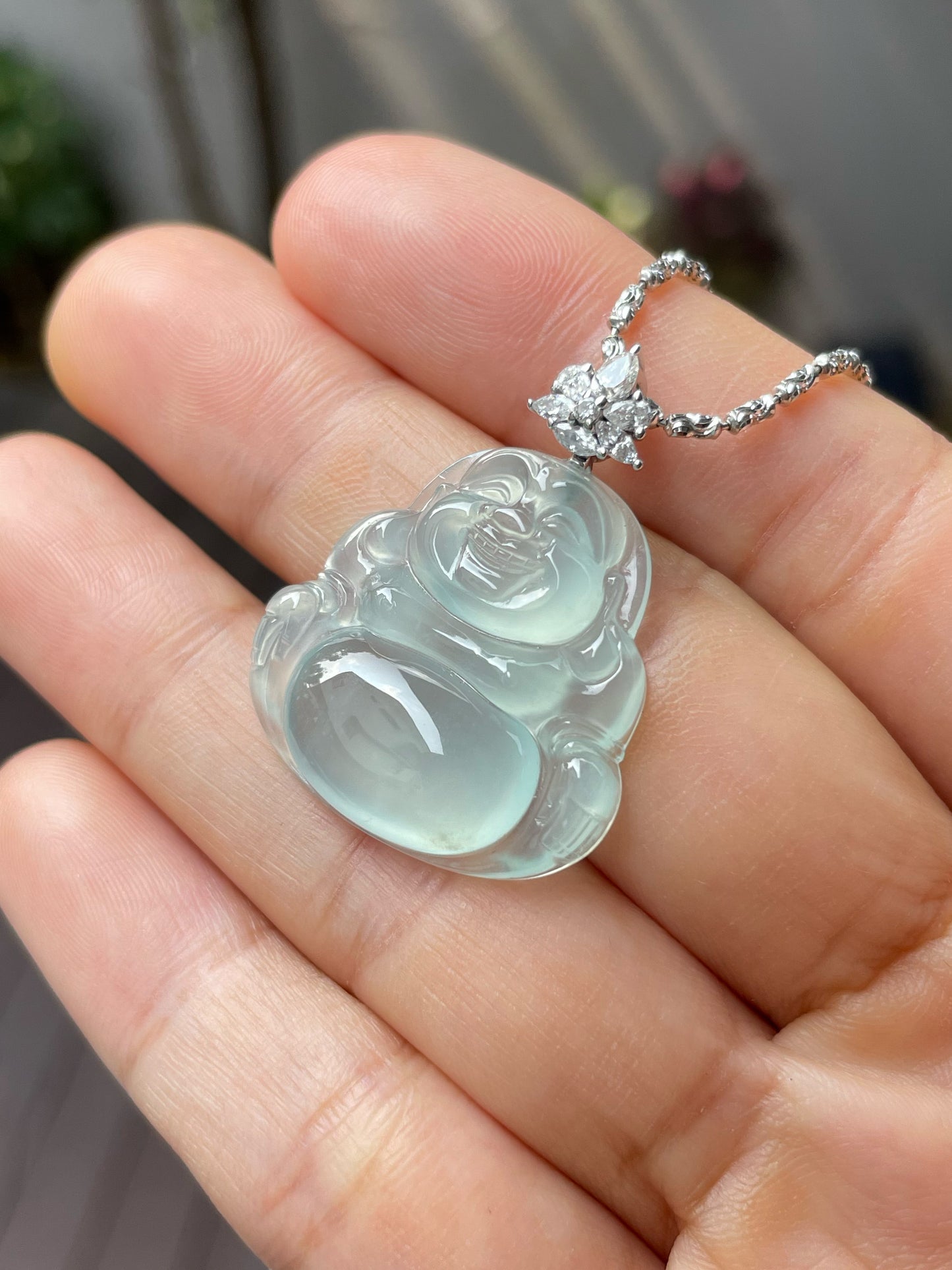 Glassy Jade Pendant -  Laughing Buddha 笑佛 (NJP020)