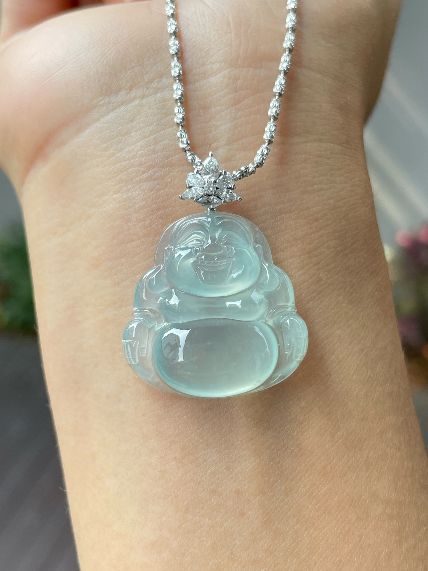 Glassy Jade Pendant -  Laughing Buddha 笑佛 (NJP020)