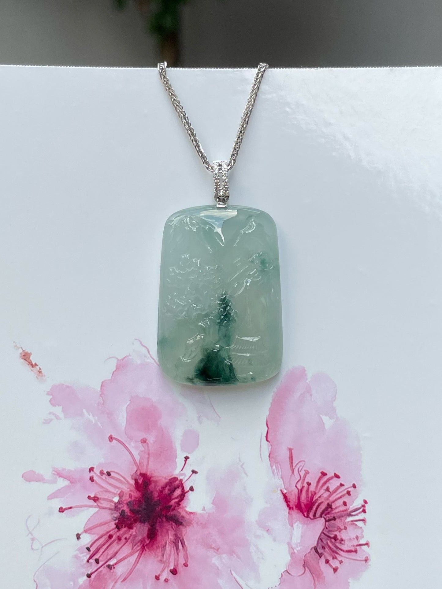 Icy Bluish Green Jade Pendant - Scenery (NJP058)