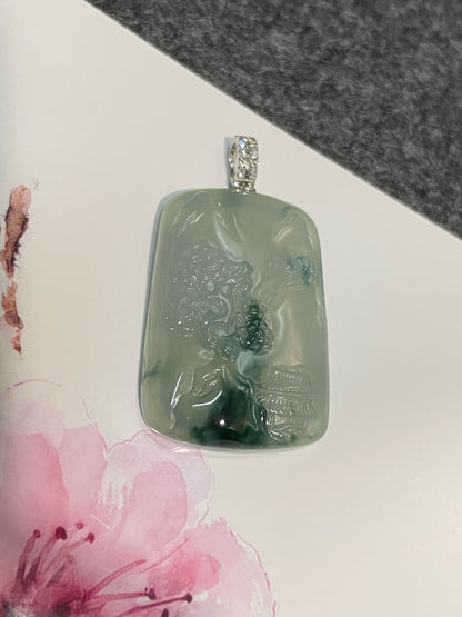 Icy Bluish Green Jade Pendant - Scenery (NJP058)