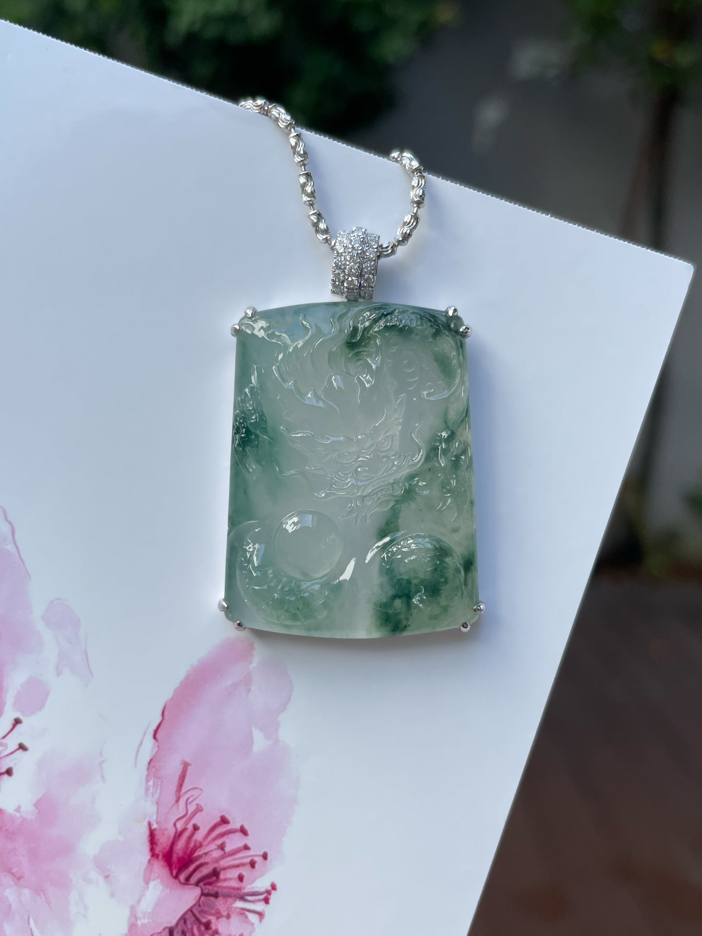 Icy Bluish Flower Jade Pendant - Dragon (NJP072)