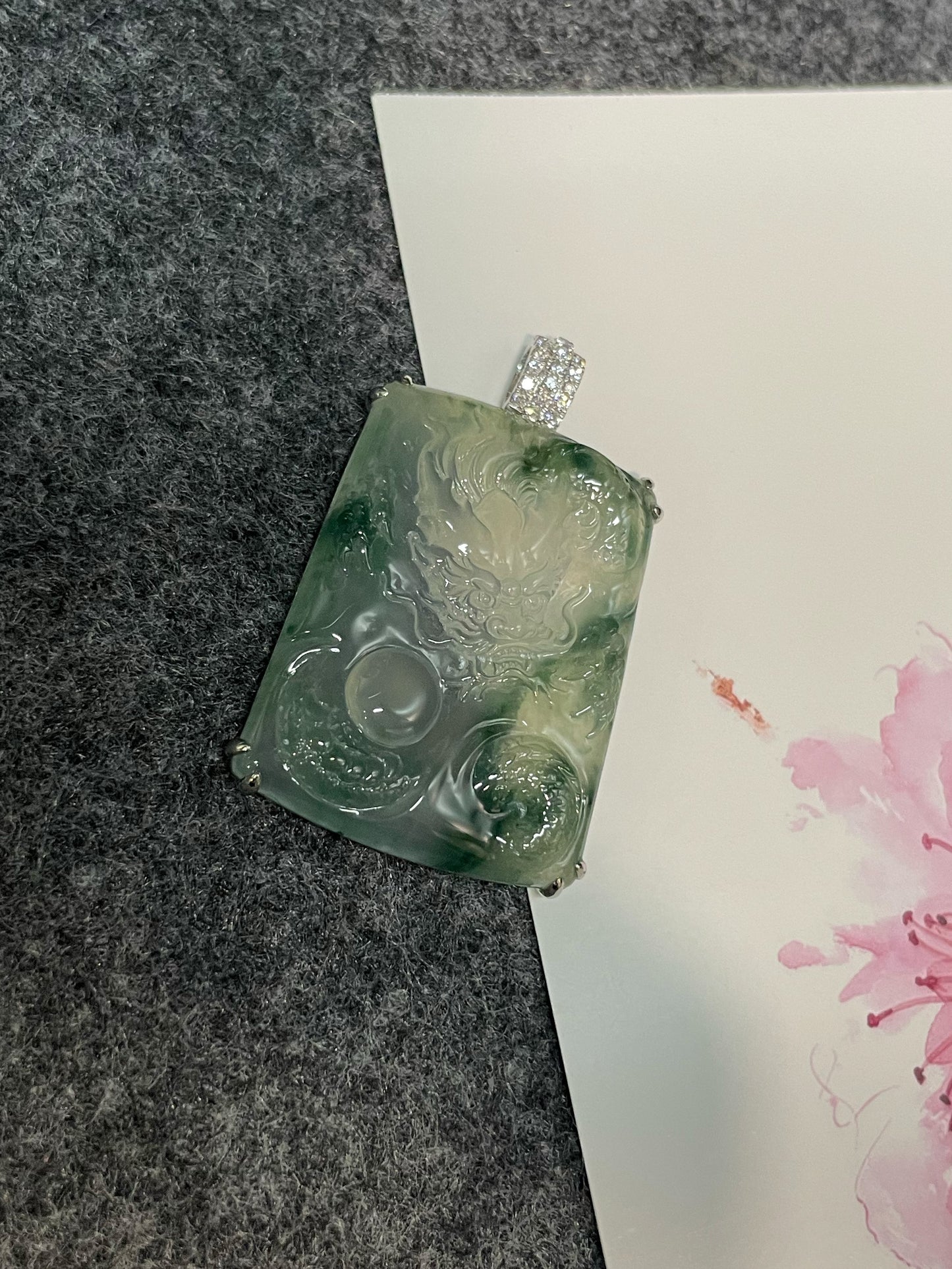 Icy Bluish Flower Jade Pendant - Dragon (NJP072)