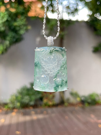 Icy Bluish Flower Jade Pendant - Dragon (NJP072)