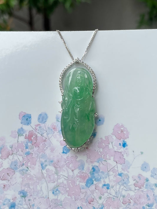 Icy Green Jadeite Pendant -  Goddess Of Mercy (NJP080)