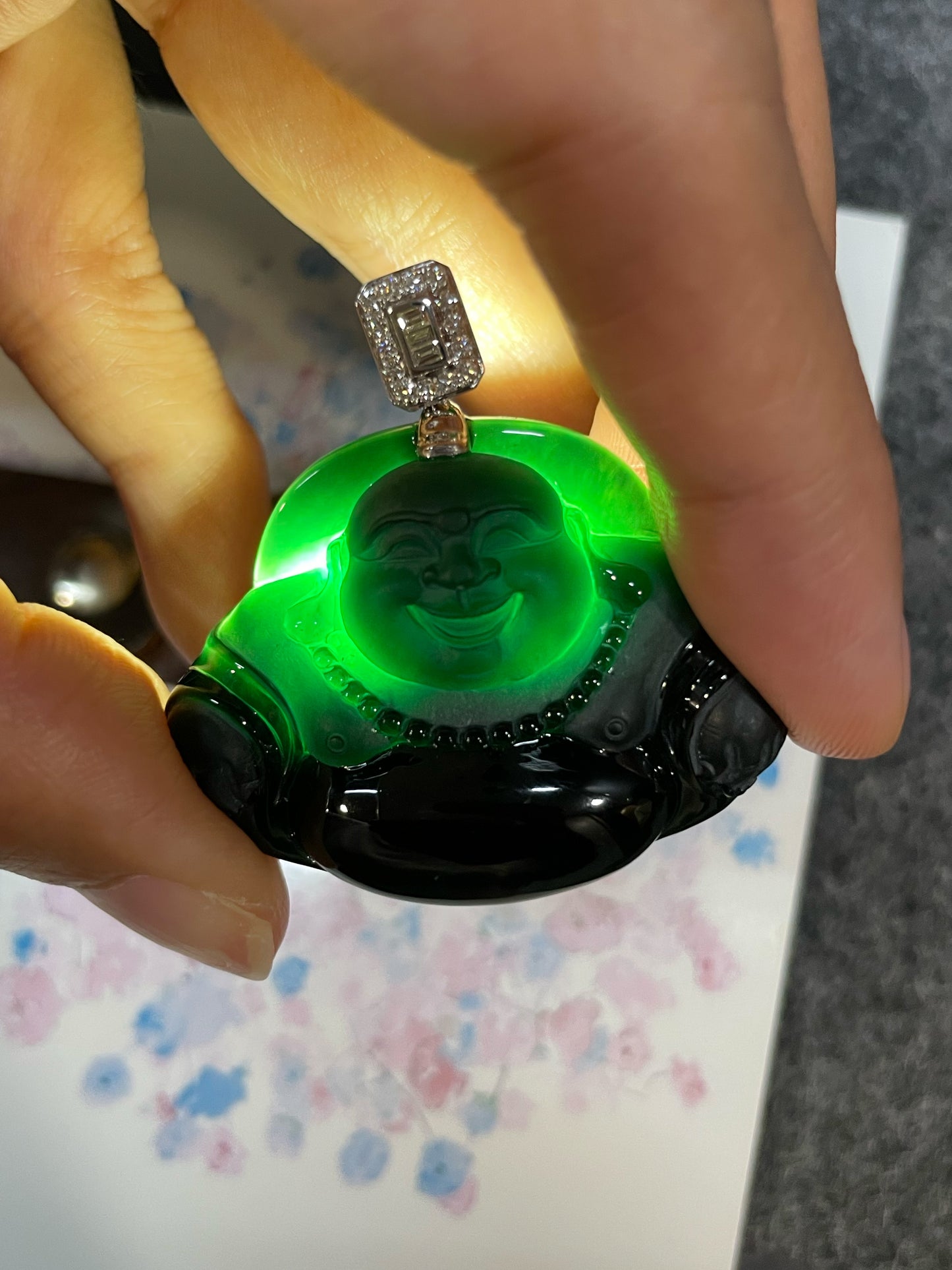 Omphacite Jadeite Pendant - Laughing Buddha (NJP116)