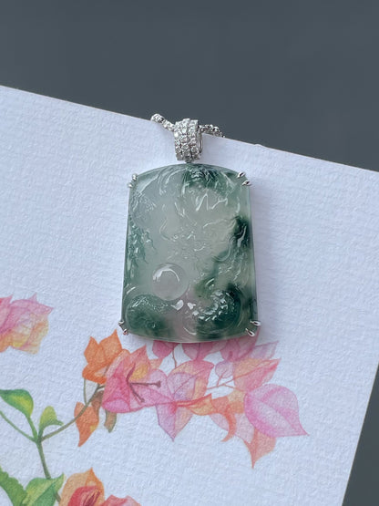 Icy Bluish Flower Jade Pendant - Dragon (NJP190)