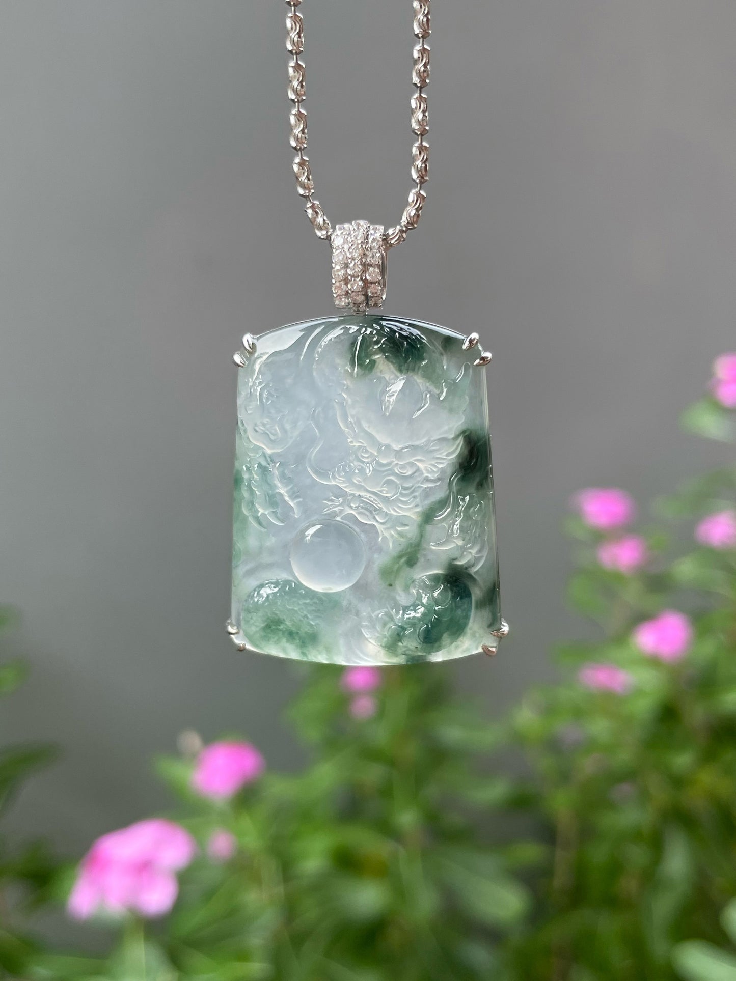 Icy Bluish Flower Jade Pendant - Dragon (NJP190)