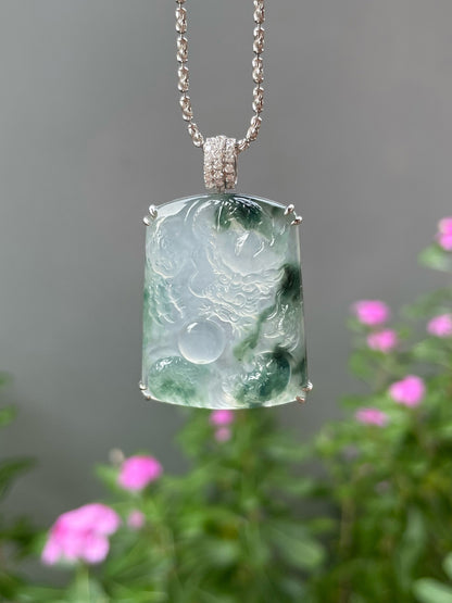 Icy Bluish Flower Jade Pendant - Dragon (NJP190)