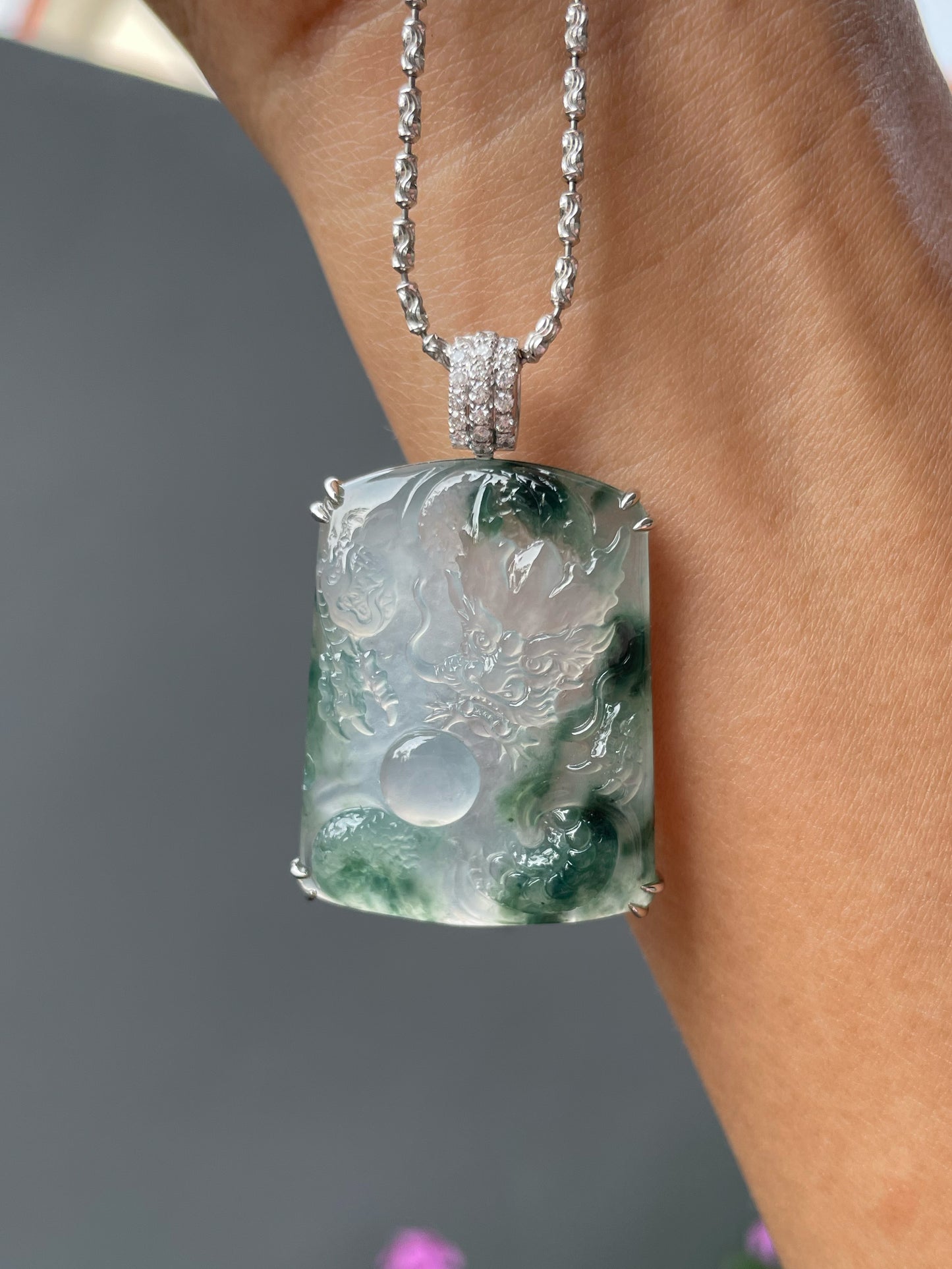 Icy Bluish Flower Jade Pendant - Dragon (NJP190)