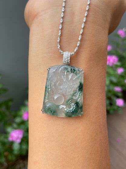 Icy Bluish Flower Jade Pendant - Dragon (NJP190)