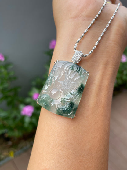 Icy Bluish Flower Jade Pendant - Dragon (NJP190)