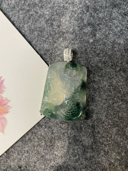 Icy Bluish Flower Jade Pendant - Dragon (NJP190)