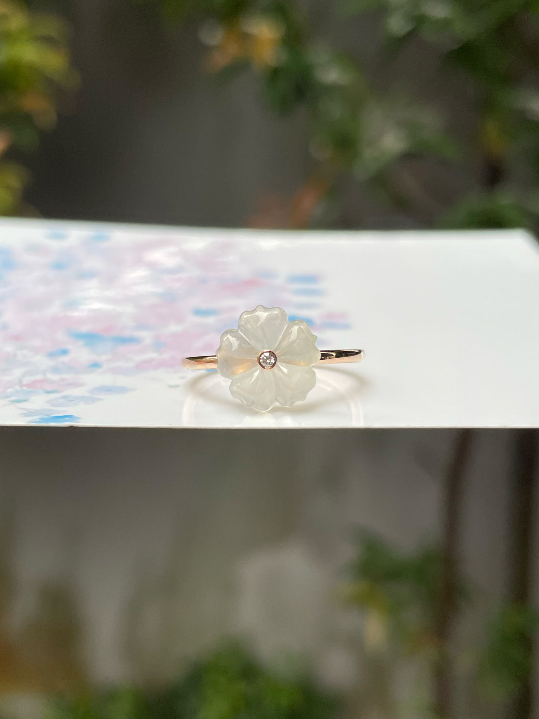 Icy White Carved Jade Ring - Plum Blossom (NJR162)