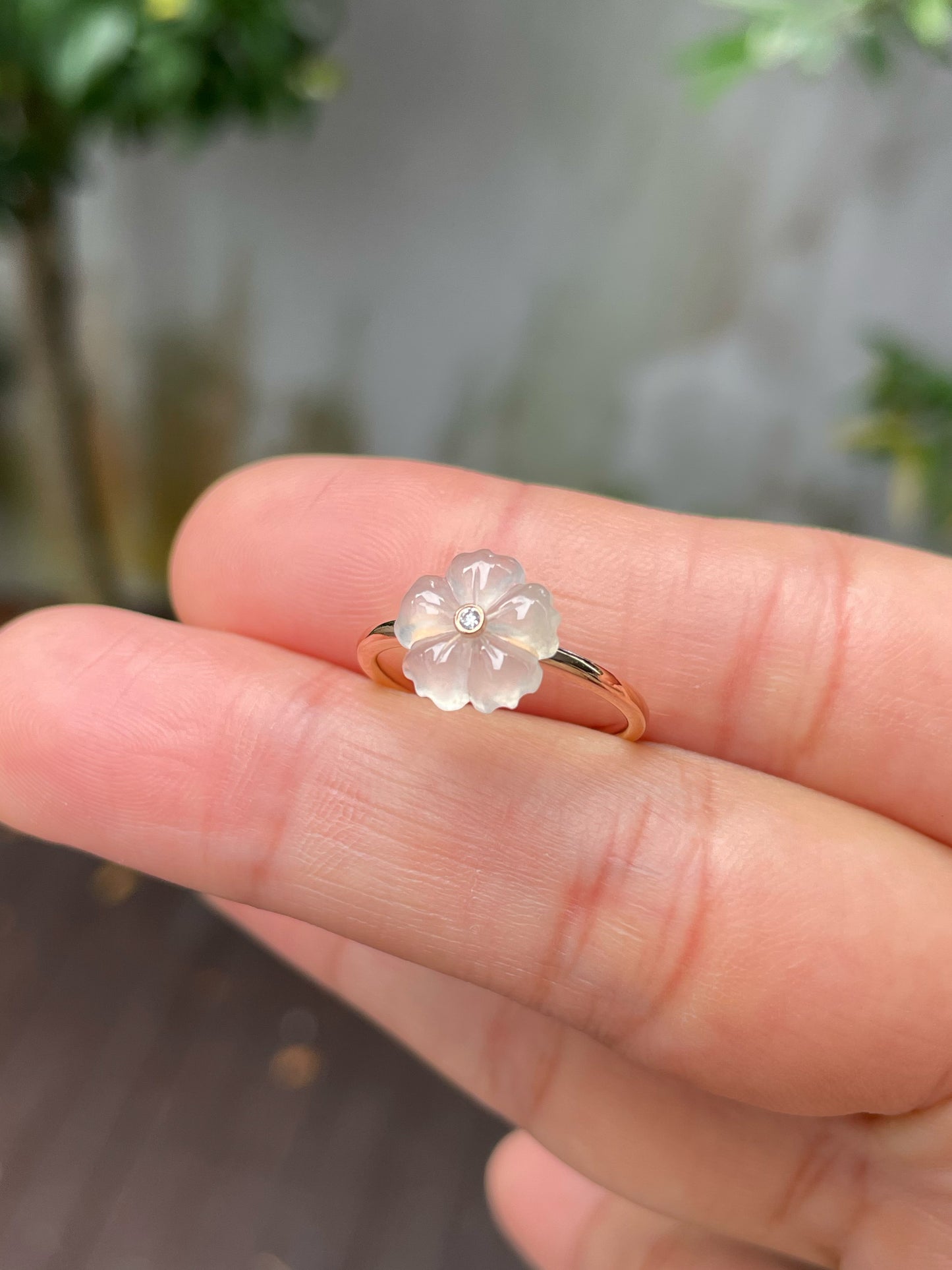 Icy White Carved Jade Ring - Plum Blossom (NJR162)