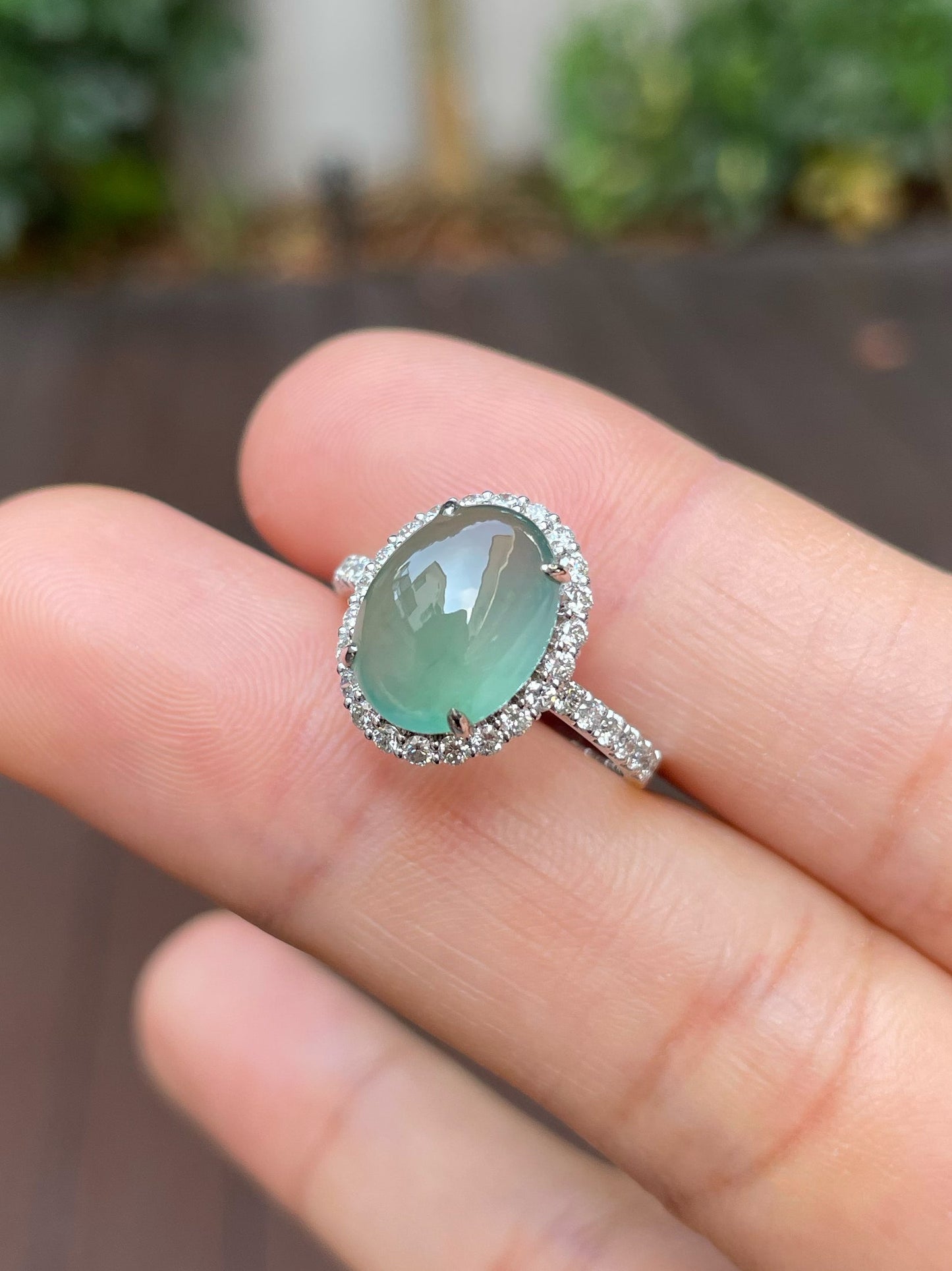 Icy Bluish Green Jade Cabochon Ring (NJR179)