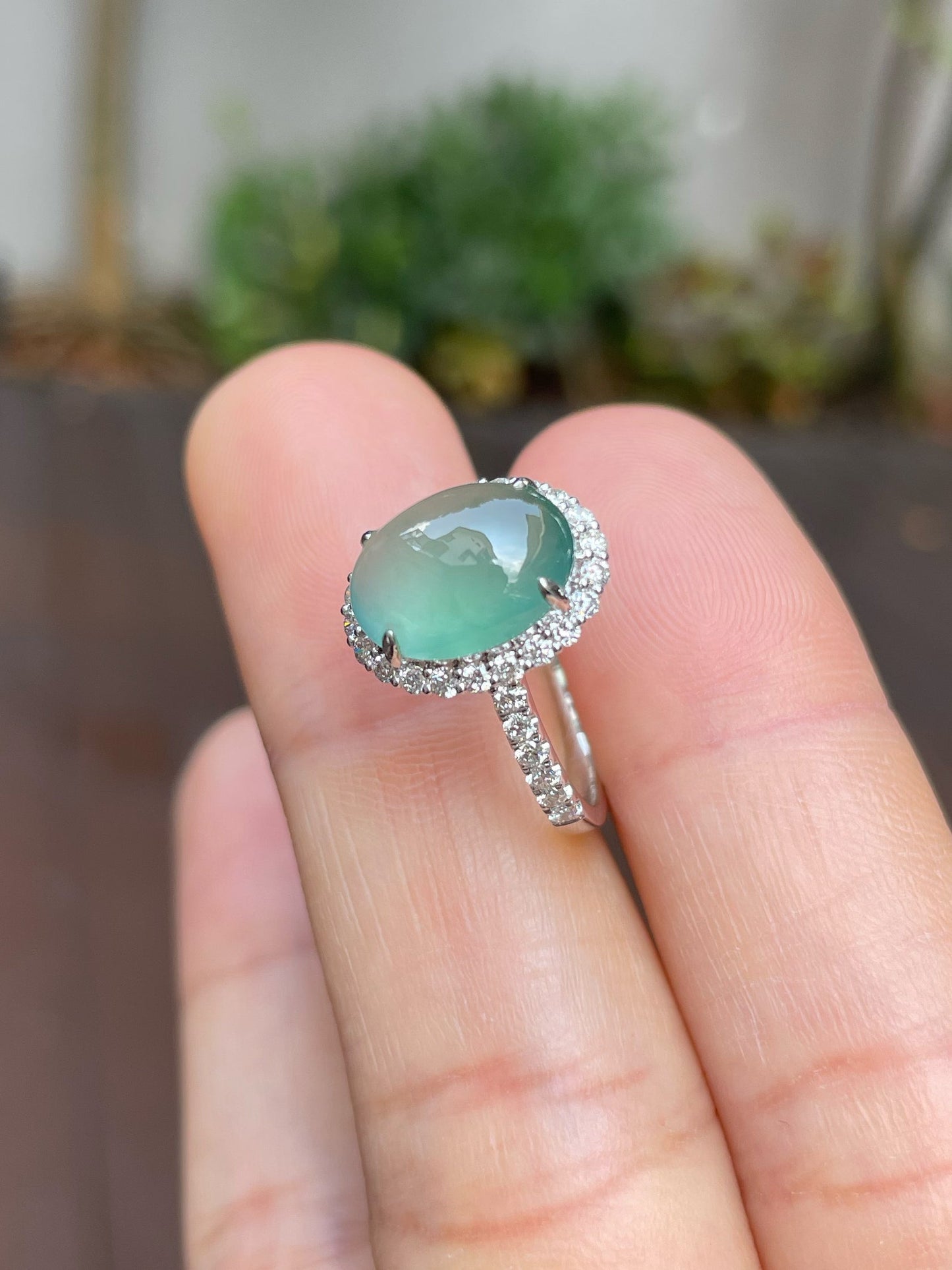 Icy Bluish Green Jade Cabochon Ring (NJR179)