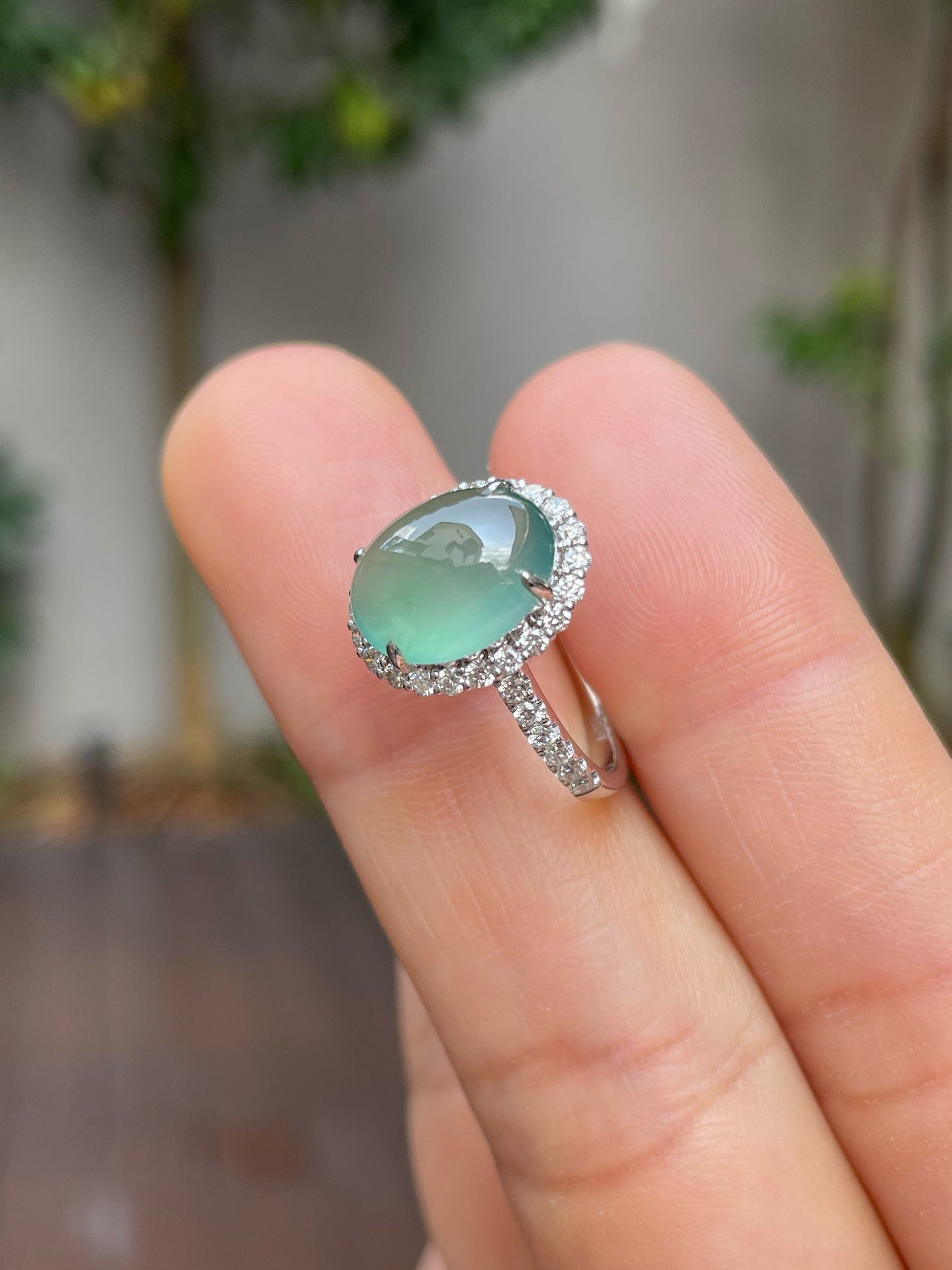 Icy Bluish Green Jade Cabochon Ring (NJR179)