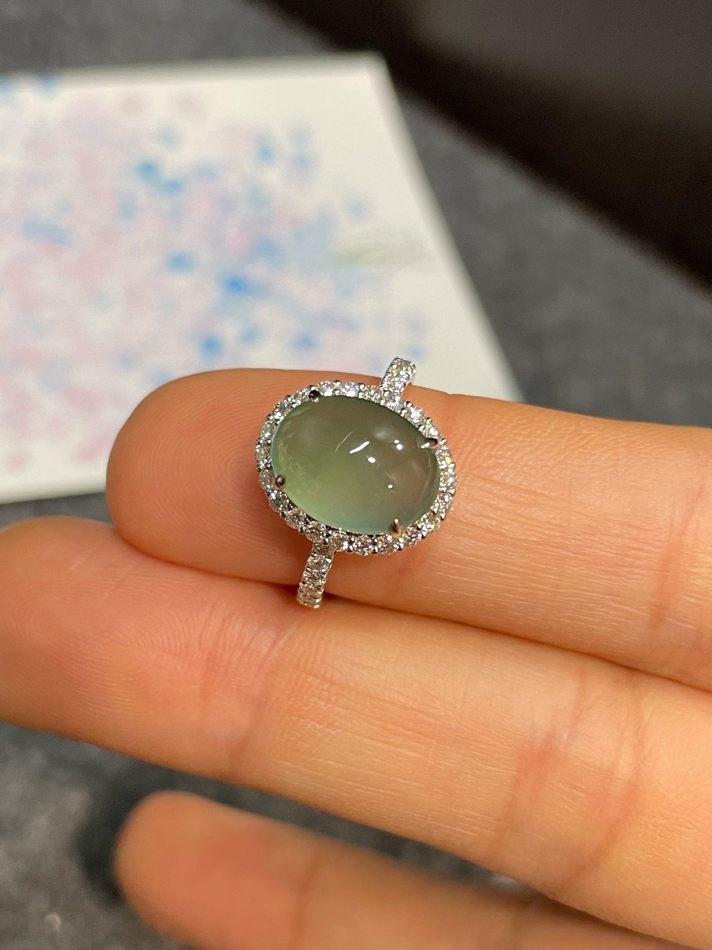 Icy Bluish Green Jade Cabochon Ring (NJR179)