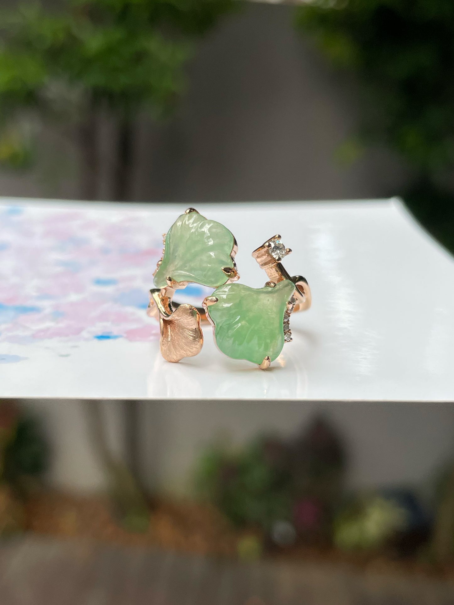 Icy Green Jade Ring - Ginkgo Leaves (NJR204)