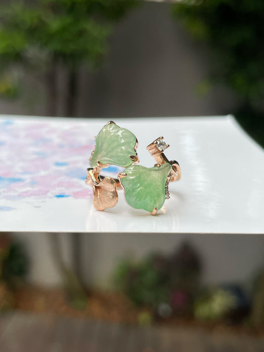 Icy Green Jade Ring - Ginkgo Leaves (NJR204)