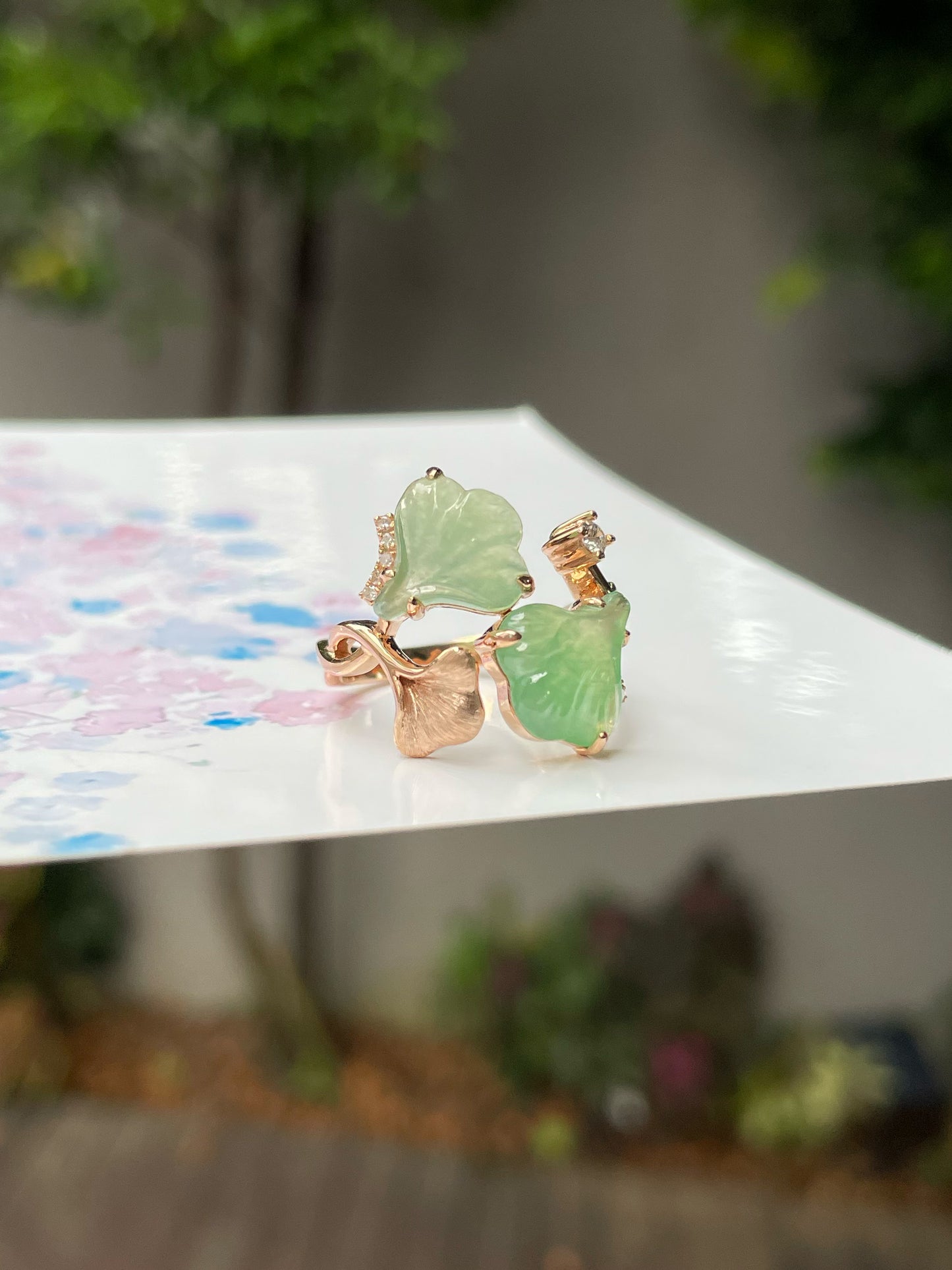 Icy Green Jade Ring - Ginkgo Leaves (NJR204)