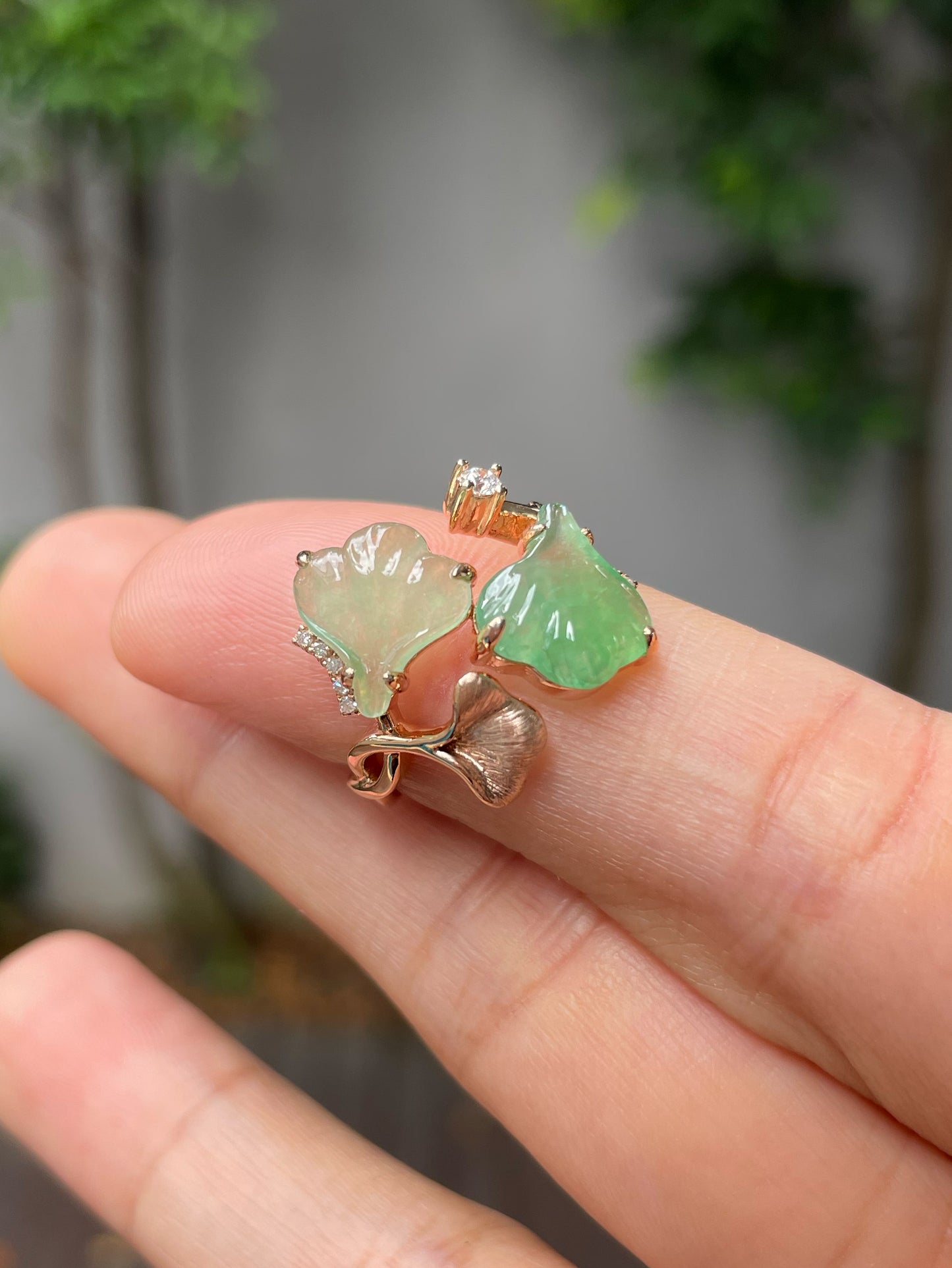 Icy Green Jade Ring - Ginkgo Leaves (NJR204)