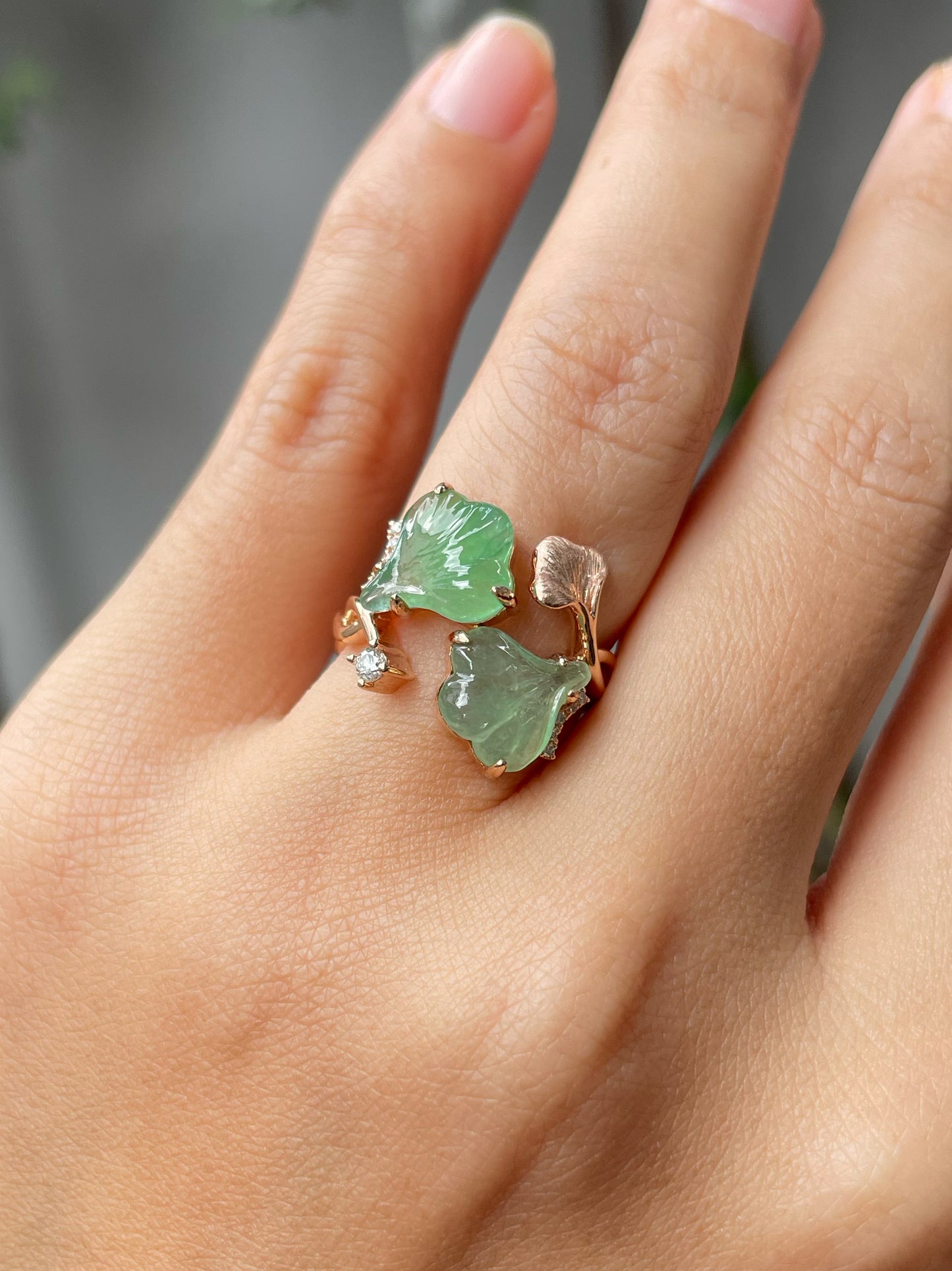 Icy Green Jade Ring - Ginkgo Leaves (NJR204)