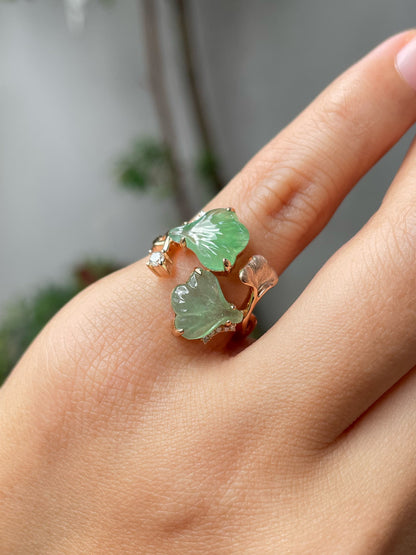 Icy Green Jade Ring - Ginkgo Leaves (NJR204)