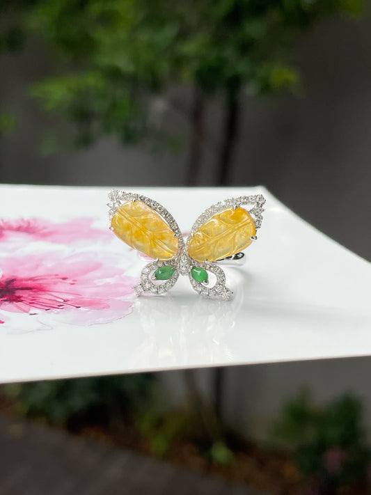 Icy Yellow Jade Leaf Ring / Pendant - Butterfly (NJR217)