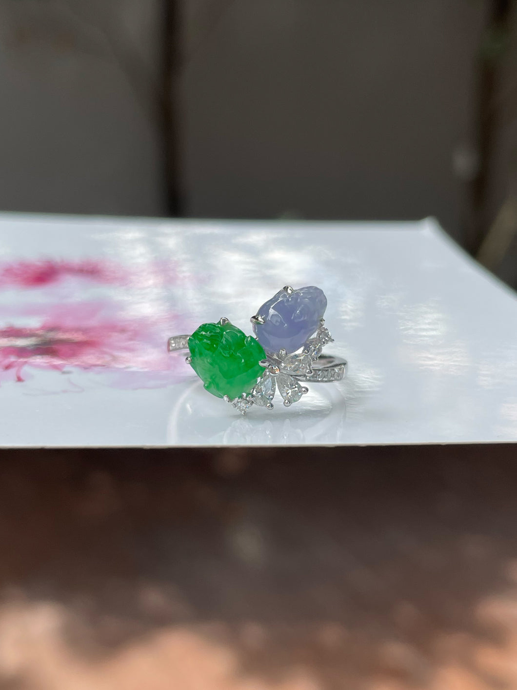Green & Lavender Jade Ring - Pixiu & Golden Toad (NJR219)